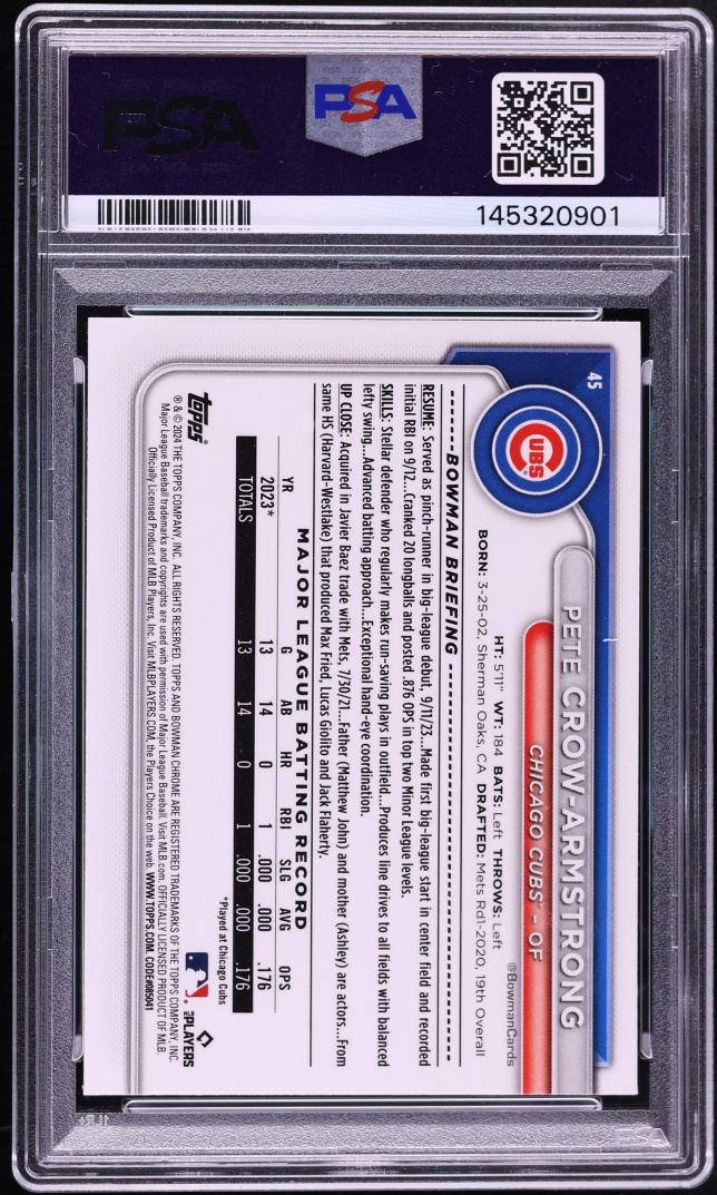 2024 Bowman Chrome Pete Crow-Armstrong ROOKIE #45 PSA 9 MINT