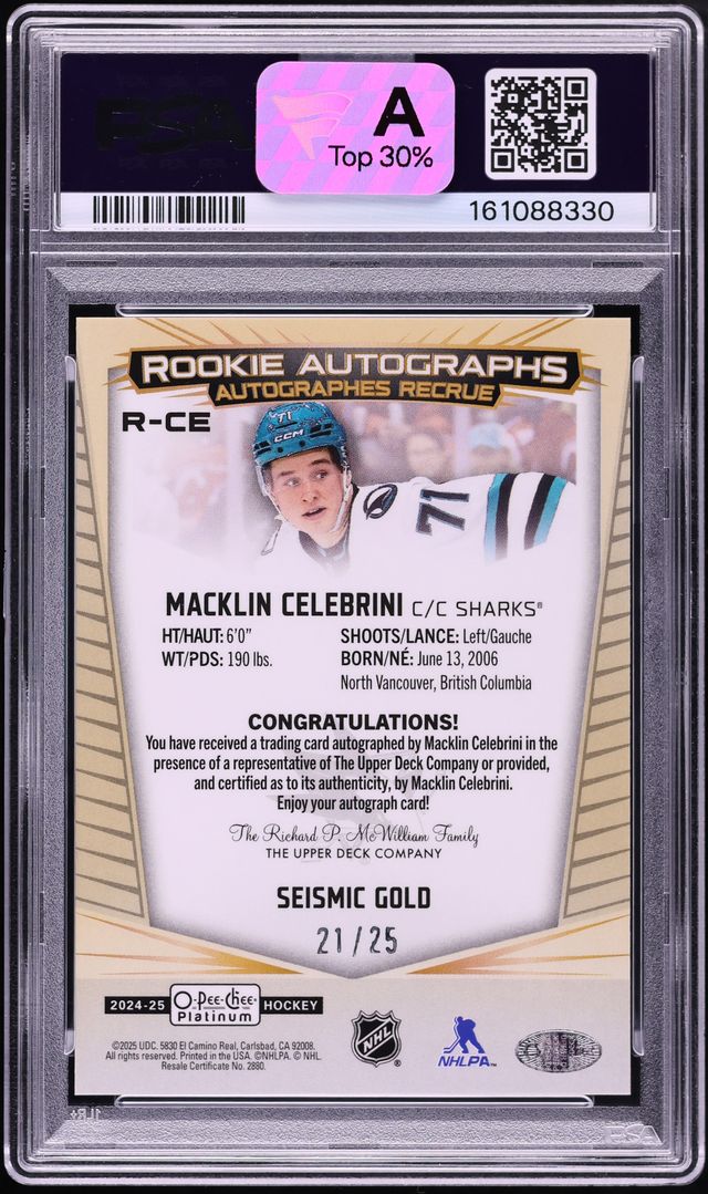 2024 O-Pee-Chee Platinum Seismic Gold Macklin Celebrini ROOKIE AUTO /25 #R-CE PSA 10 GEM MINT - Photo 2