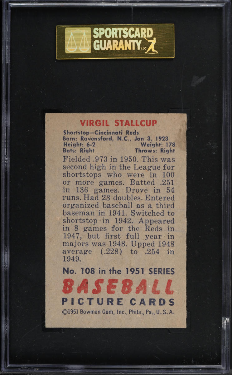 1951 Bowman Virgil Stallcup #108 SGC 7 NRMT