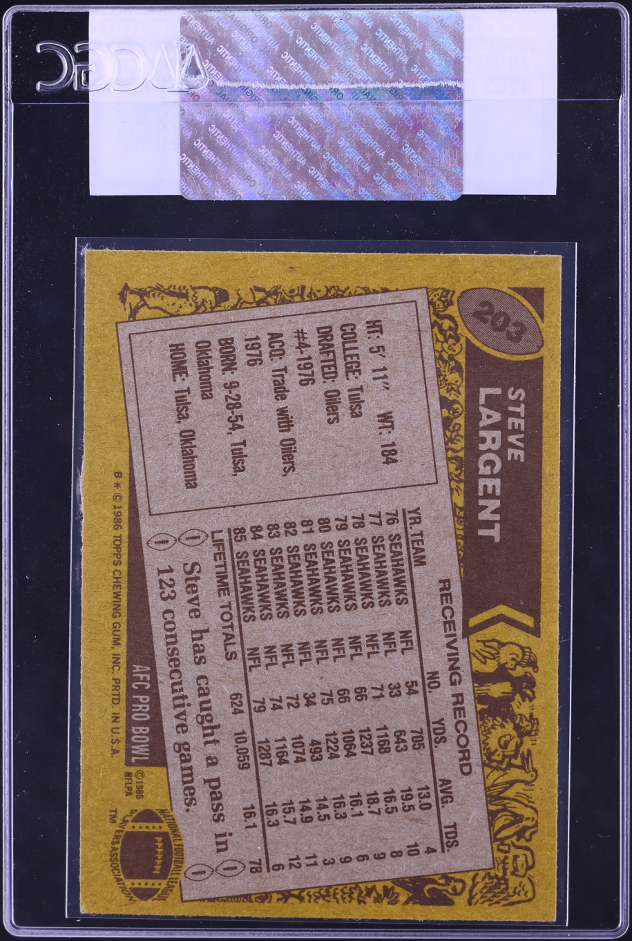 1986 Topps Football Steve Largent ALL-PRO #203 CGC AUTH