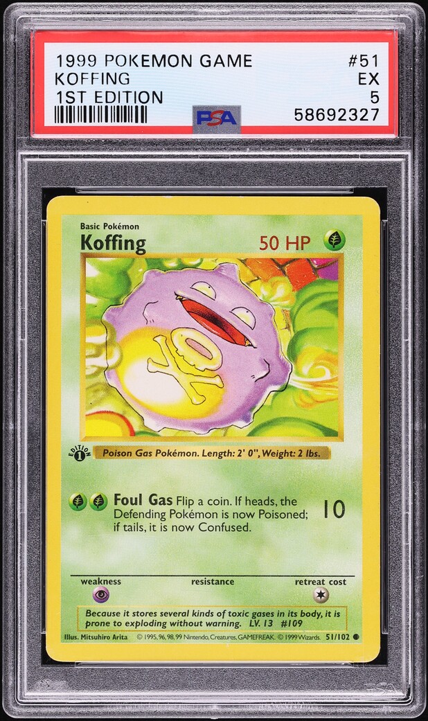 1999 Pokemon Base Set Shadowless 1st Edition Koffing #51 PSA 5 EX