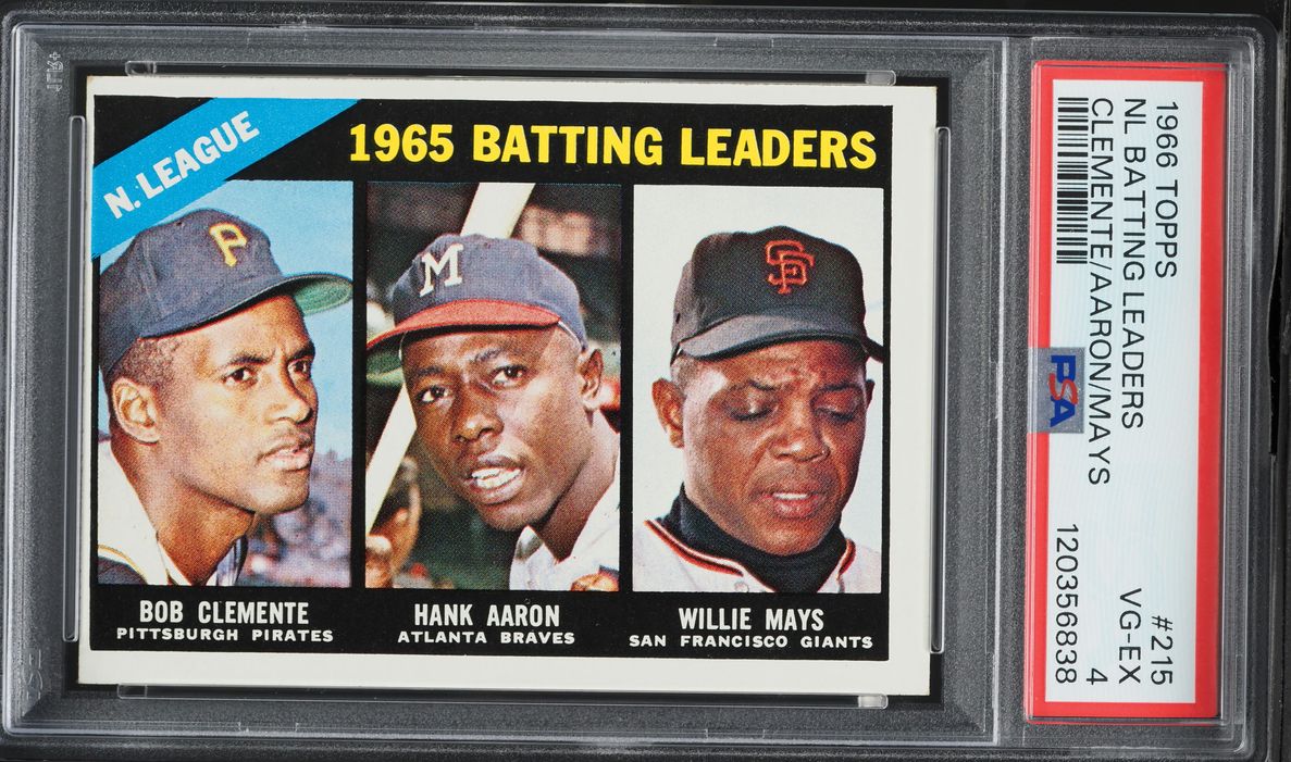 1966 Topps Willie Mays Hank Aaron Roberto Clemente NL BATTING LEADERS #215 PSA 4 VGEX