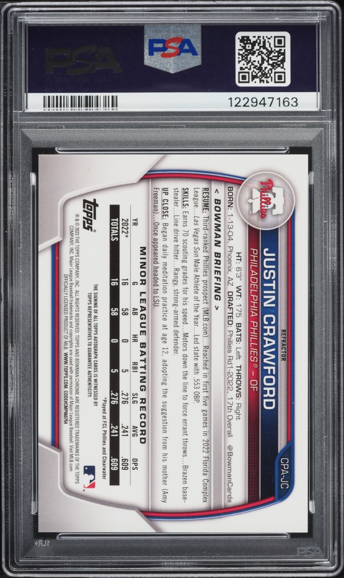 2023 Bowman Chrome Refractor Justin Crawford PROSPECT AUTO /499 #CPA-JC PSA 10 GEM MINT