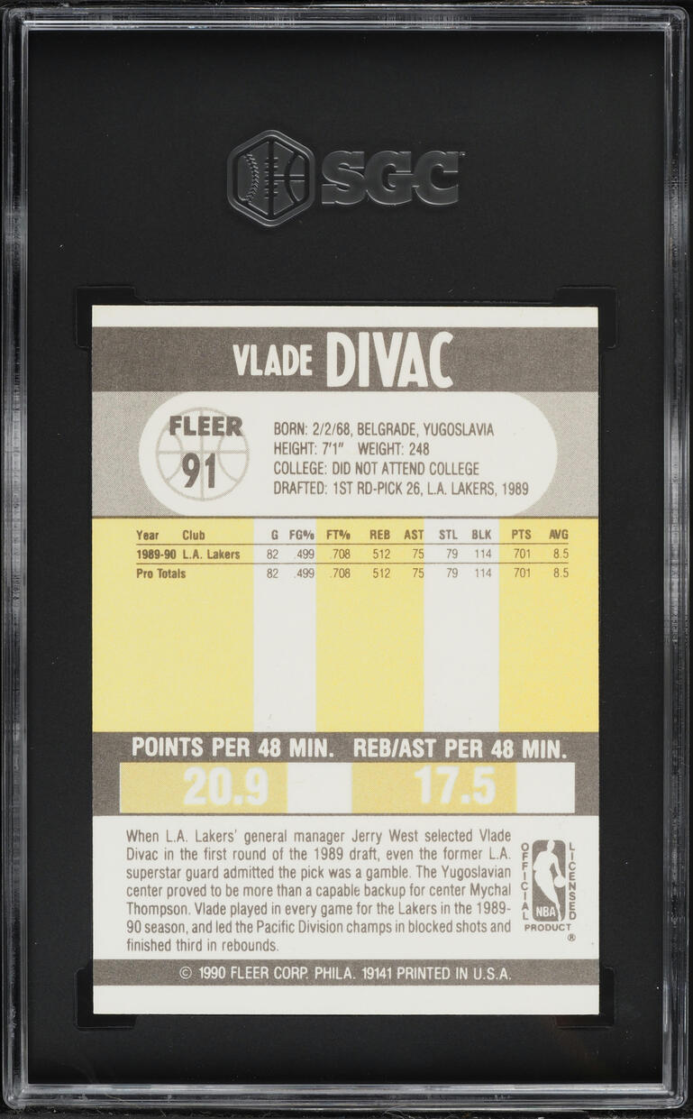 1990 Fleer Basketball Vlade Divac ROOKIE #91 SGC 9.5 MINT+