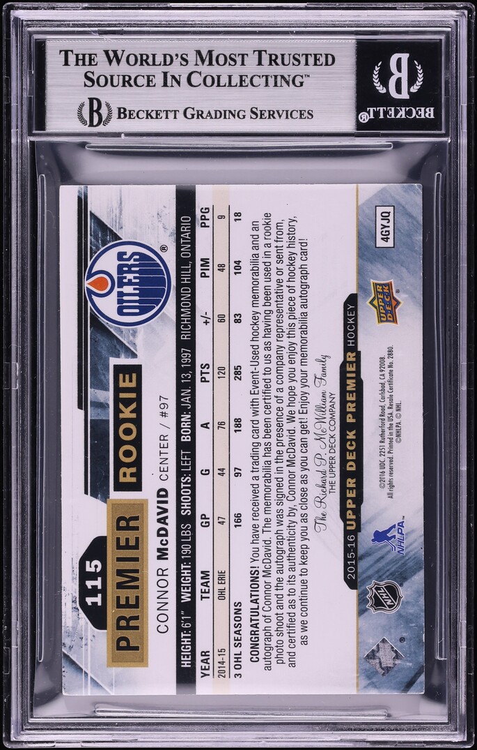 2015 Upper Deck Premier Gold Spectrum Connor McDavid ROOKIE PATCH AUTO /10 #115 BGS 7 NRMT