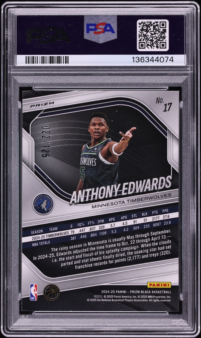 2024 Panini Prizm Black Blue Ice Anthony Edwards /125 #17 PSA 10 GEM MINT