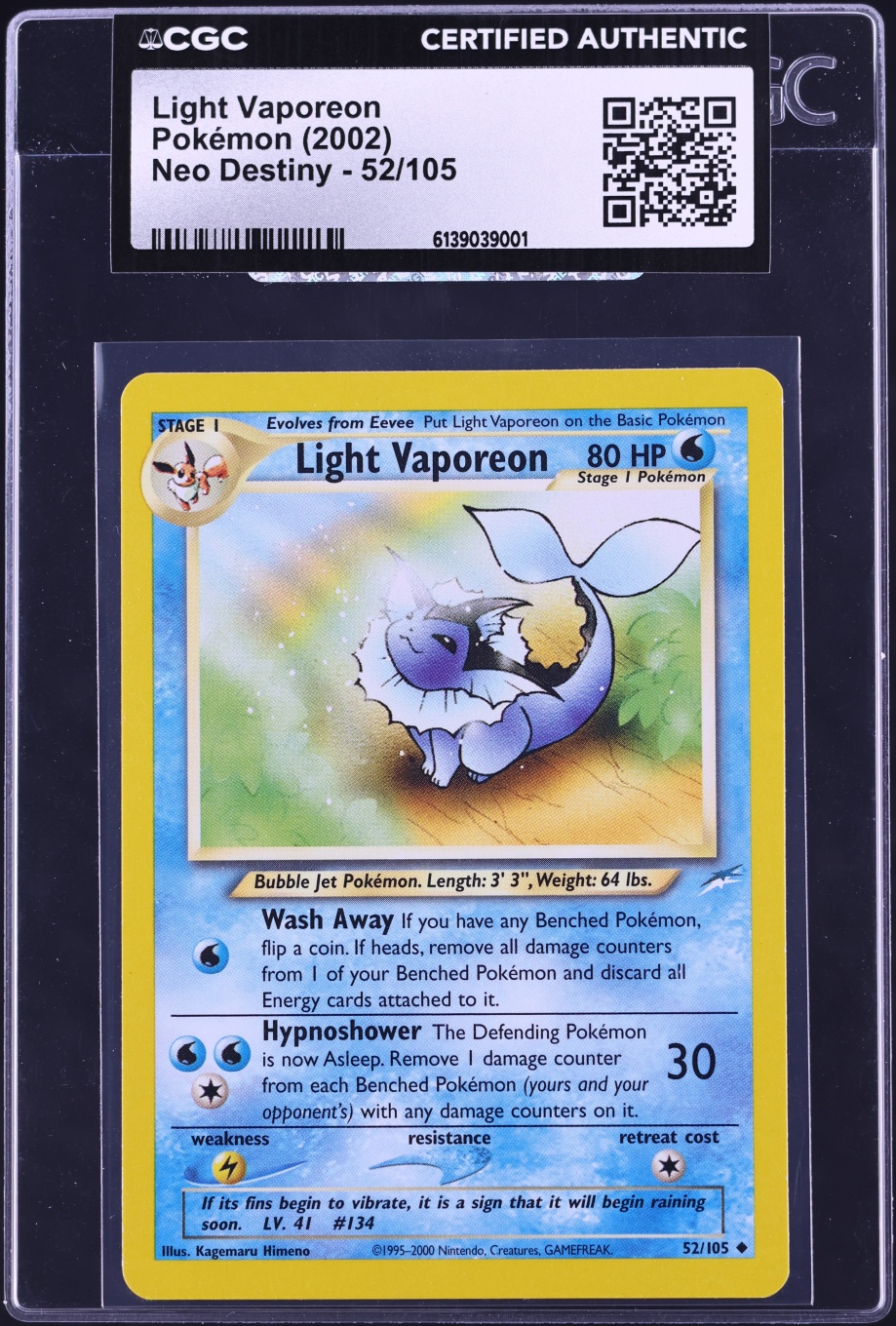 2002 Pokemon Neo Destiny Light Vaporeon #52 CGC AUTH