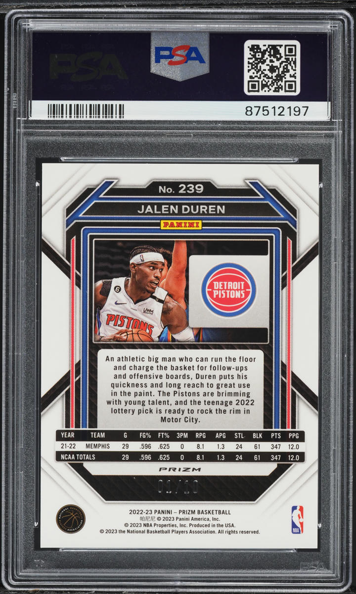 2022 Panini Prizm Gold Shimmer FOTL Jalen Duren ROOKIE 1/10 #239 PSA 10 GEM MINT