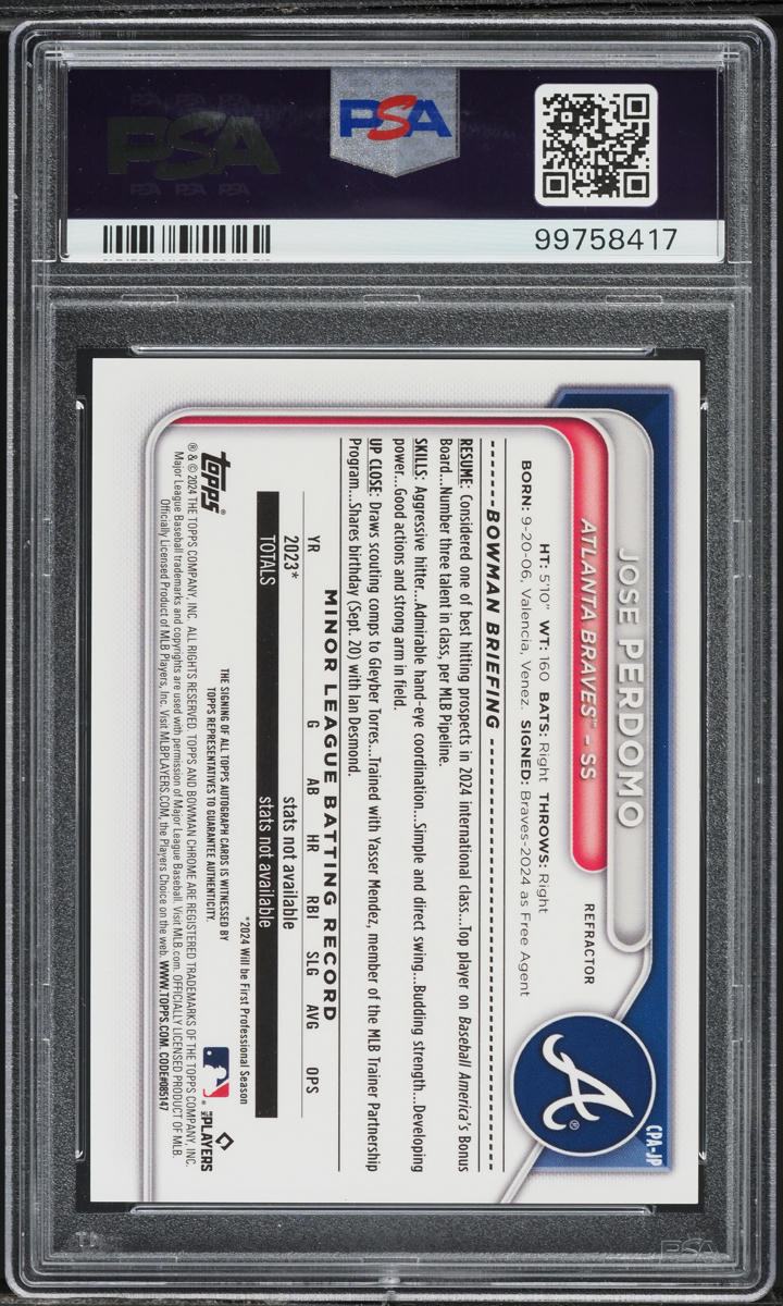 2024 Bowman Chrome Refractor Jose Perdomo PROSPECT AUTO /499 #CPA-JP PSA 9 MINT