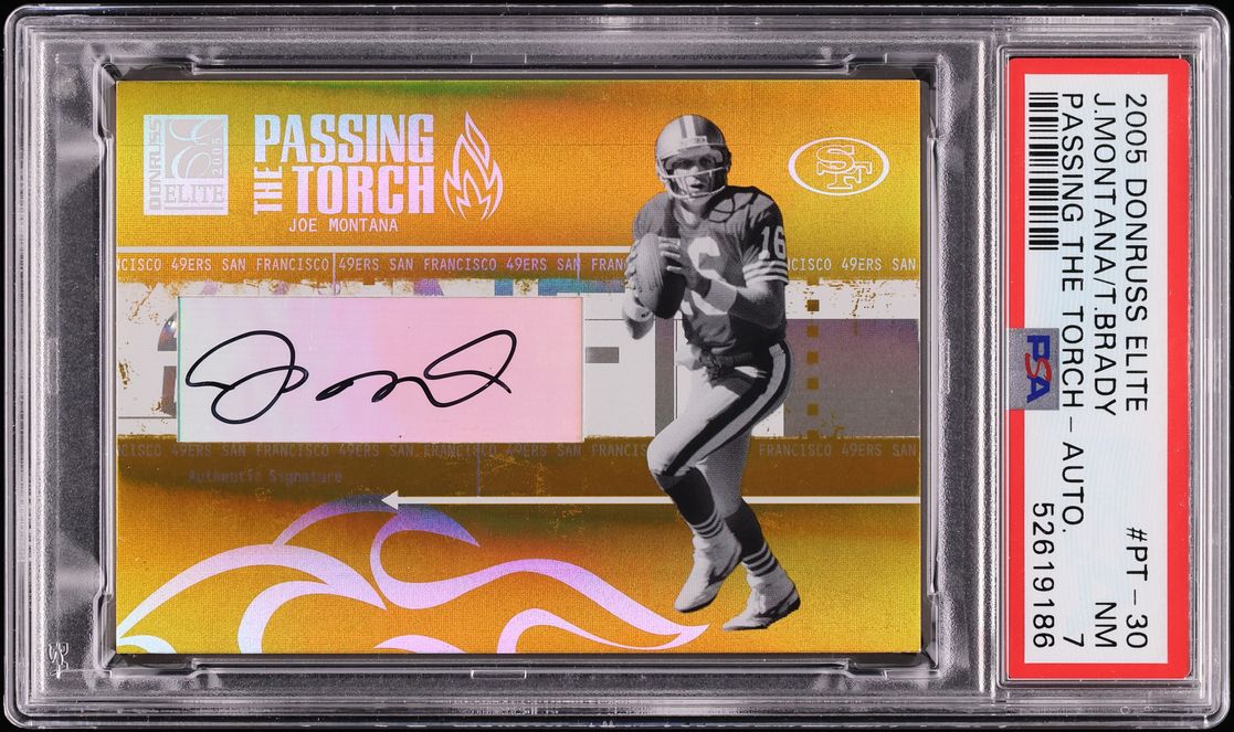 2005 Donruss Elite Passing The Torch Joe Montana Tom Brady AUTO /50 #PT-30 PSA 7 NRMT - Photo 1