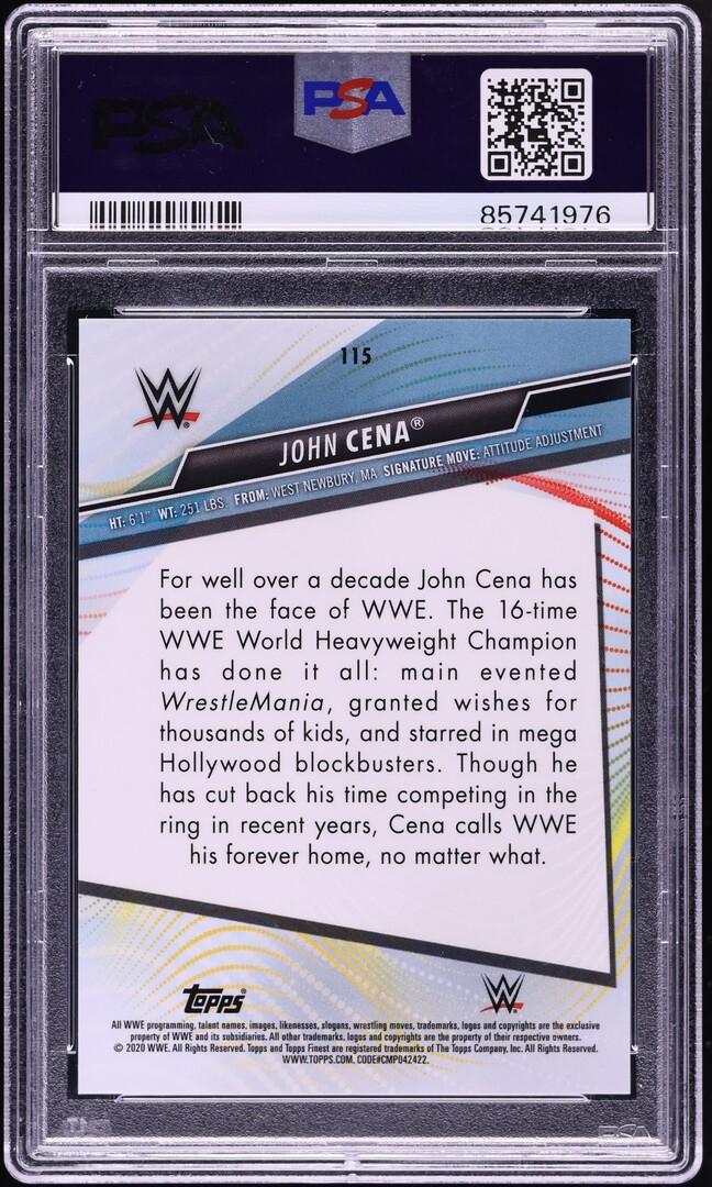 2020 Topps Finest WWE Superfractor John Cena 1/1 #115 PSA 7 NRMT