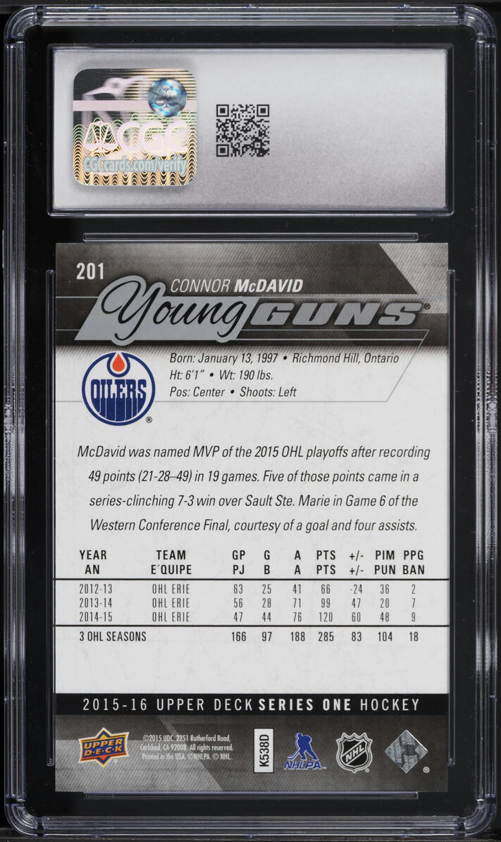 2015 Upper Deck Young Guns Connor McDavid ROOKIE #201 CGC 10 GEM MINT