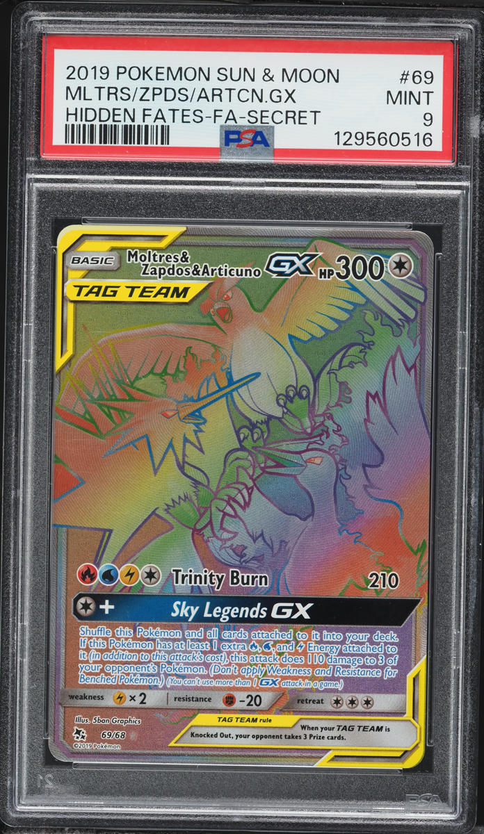 2019 Pokemon Sun & Moon Hidden Fates Rainbow Rare Moltres & Zapdos & Articuno GX #69 PSA 9 MINT