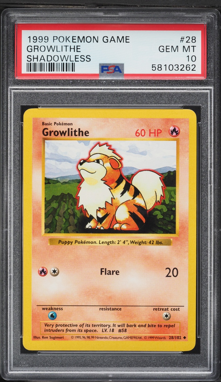 1999 Pokemon Base Set Shadowless Growlithe #28 PSA 10 GEM MINT