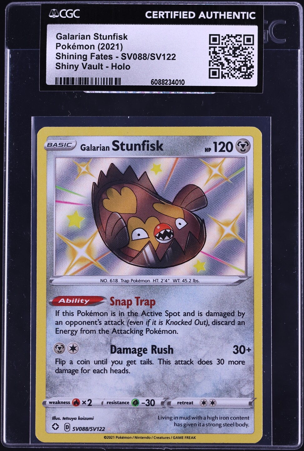 2021 Pokemon Sword & Shield Shining Fates Shiny Galarian Stunfisk #SV088 CGC AUTH