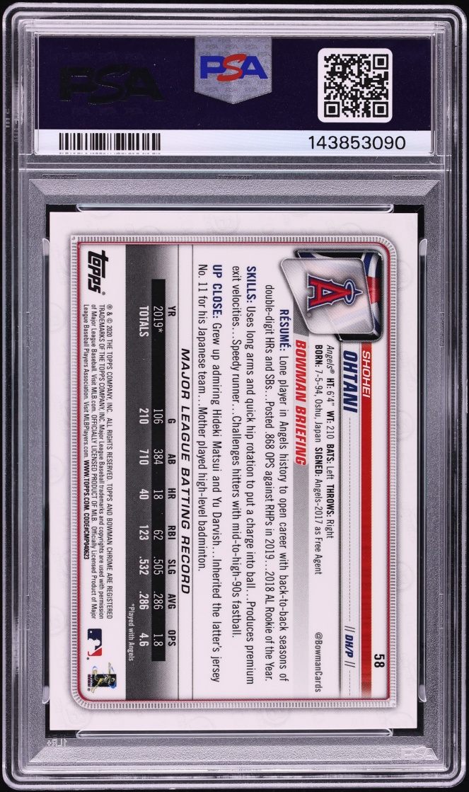 2020 Bowman Chrome Blue Refractor Shohei Ohtani /150 #58 PSA 10 GEM MINT - Photo 2