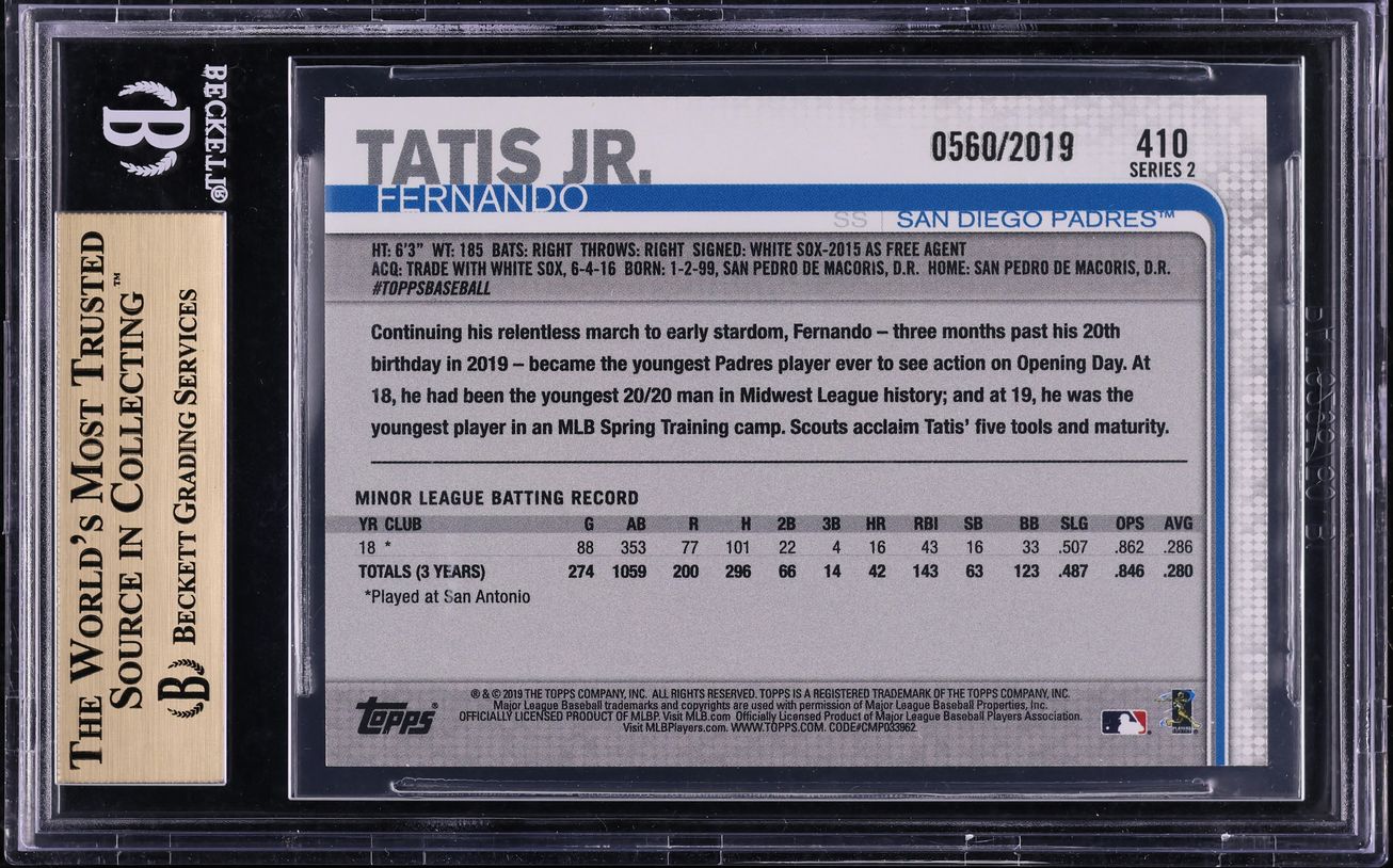 2019 Topps Gold Fernando Tatis Jr. ROOKIE /2019 #410 BGS 10 PRISTINE