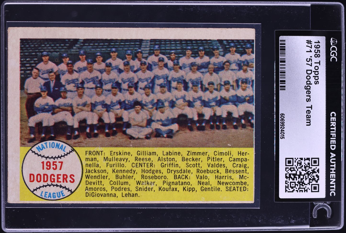 1958 Topps '57 Dodgers Team #71 CGC AUTH