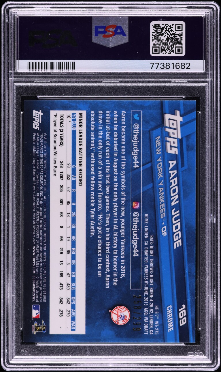 2017 Topps Chrome Purple Refractor Aaron Judge ROOKIE /299 #169 PSA 9 MINT