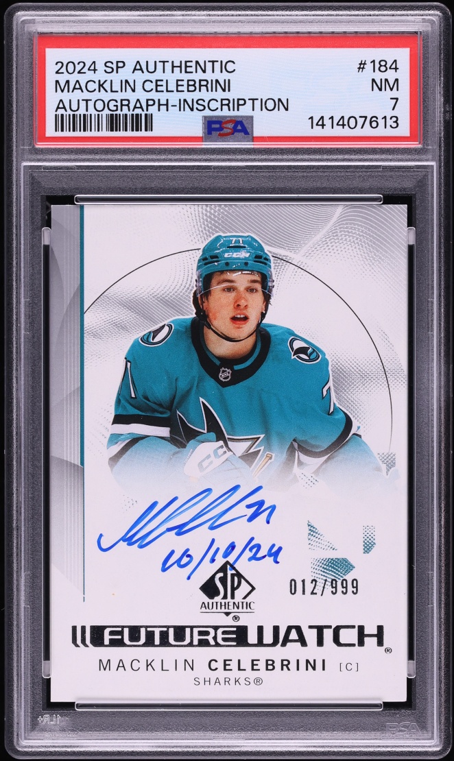 2024 SP Authentic Inscribed Macklin Celebrini ROOKIE AUTO /999 #184 PSA 7 NRMT