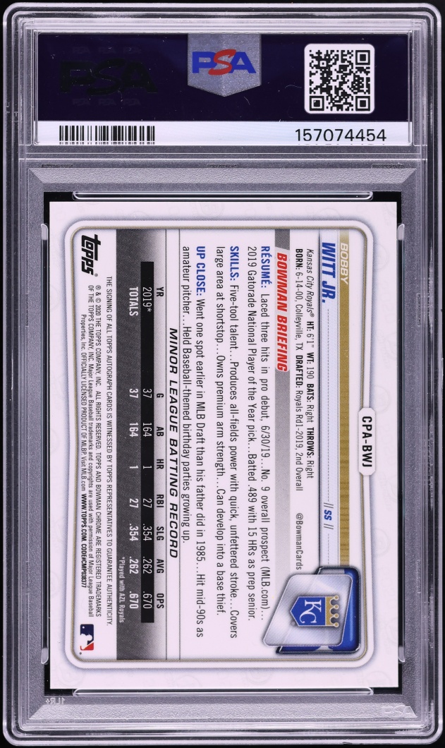 2020 Bowman Chrome Gold Refractor Bobby Witt Jr. PROSPECT AUTO /50 #CPA-BWJ PSA 10 GEM MINT
