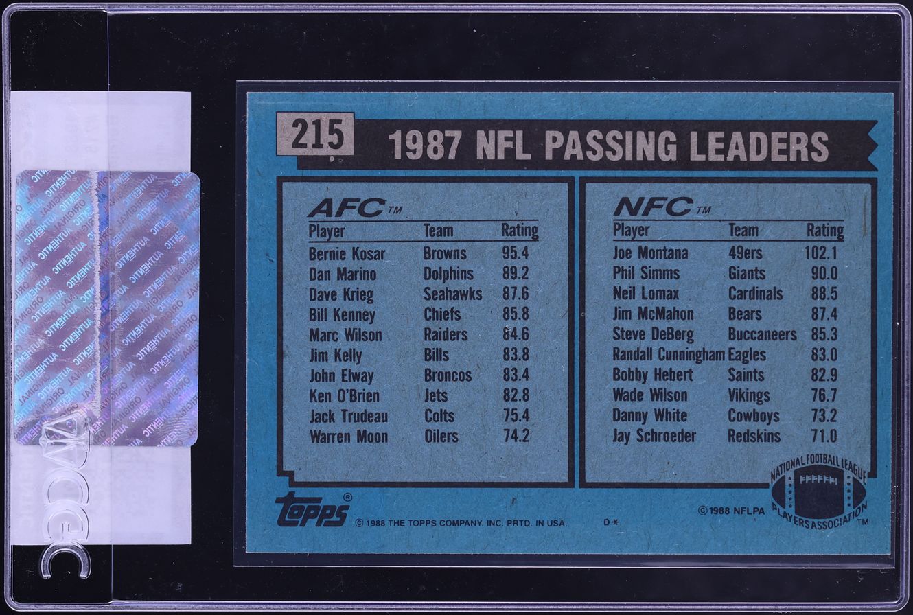 1988 Topps Football Bernie Kosar & Joe Montana PASSING LEADERS #215 CGC AUTH