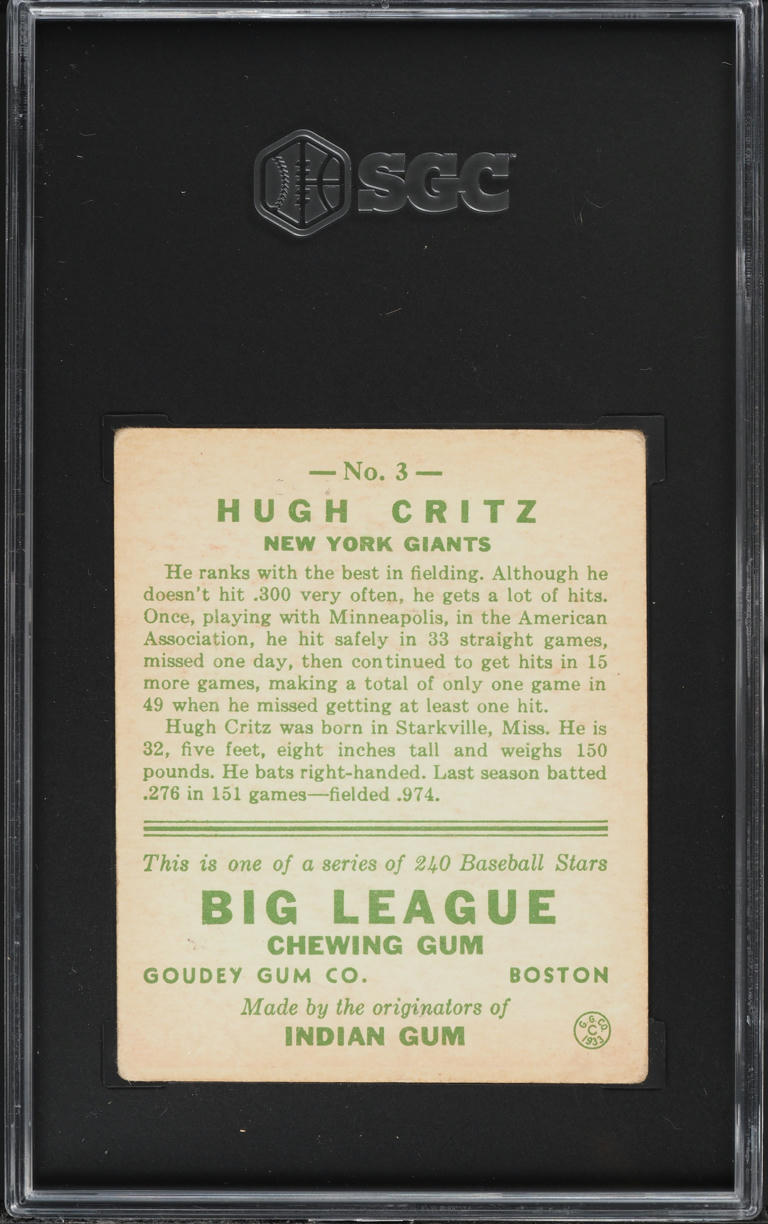 1933 Goudey Hugh Critz #3 SGC 3 VG