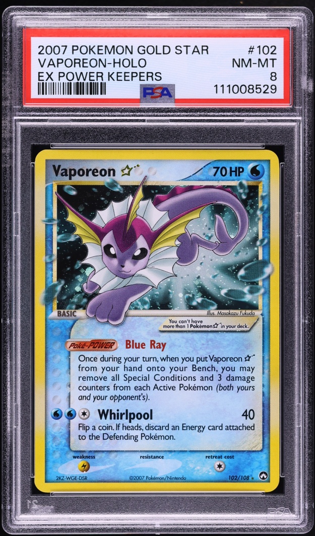 2007 Pokemon EX Power Keepers Holo Vaporeon Gold Star #102 PSA 8 NM-MT