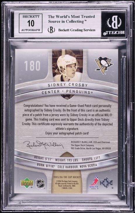 2005 Upper Deck The Cup Sidney Crosby ROOKIE PATCH AUTO /99 #180 BGS 9 MINT