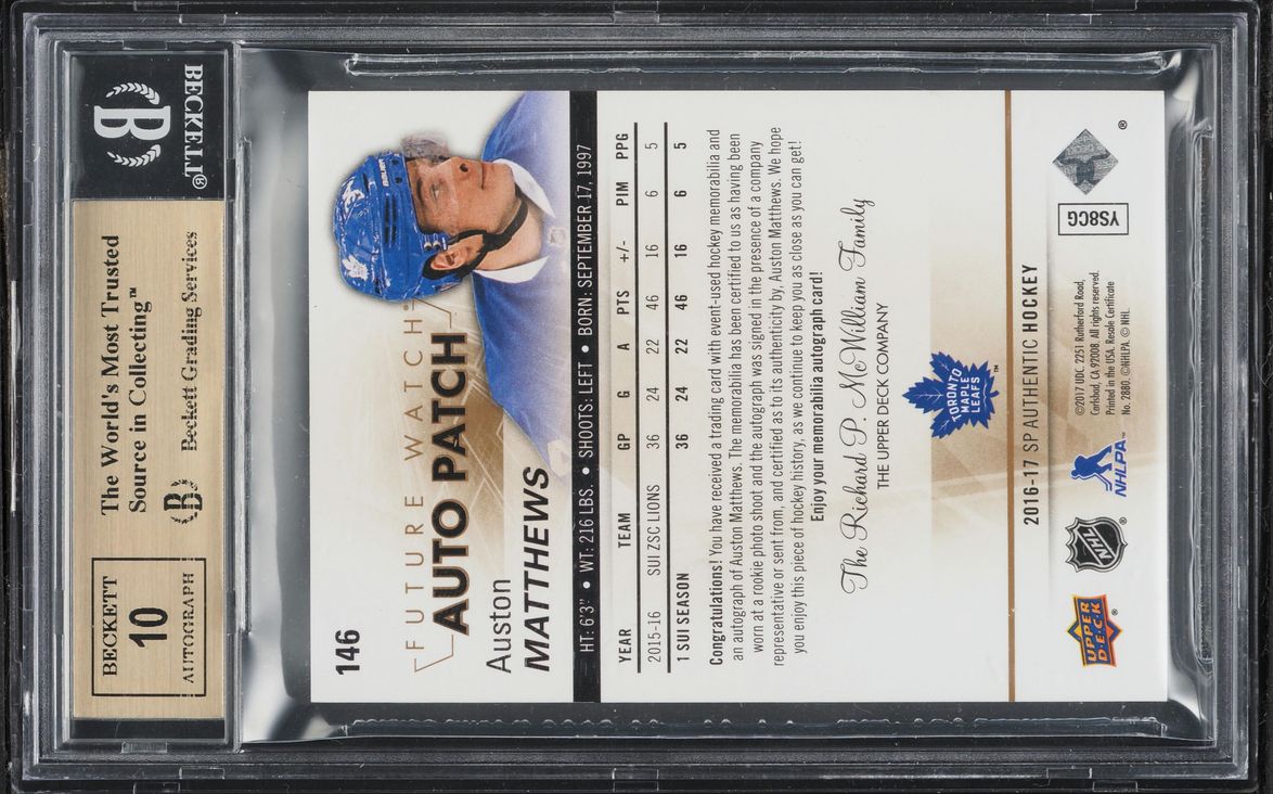 2016 SP Authentic Limited Auston Matthews ROOKIE PATCH AUTO /100 #146 BGS 9.5 GEM MINT
