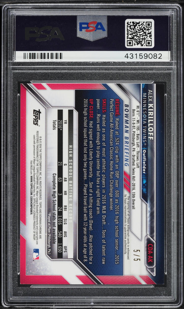 2016 Bowman Chrome Red Wave Refractor Alex Kirilloff PROSPECT AUTO 5/5 PSA 9