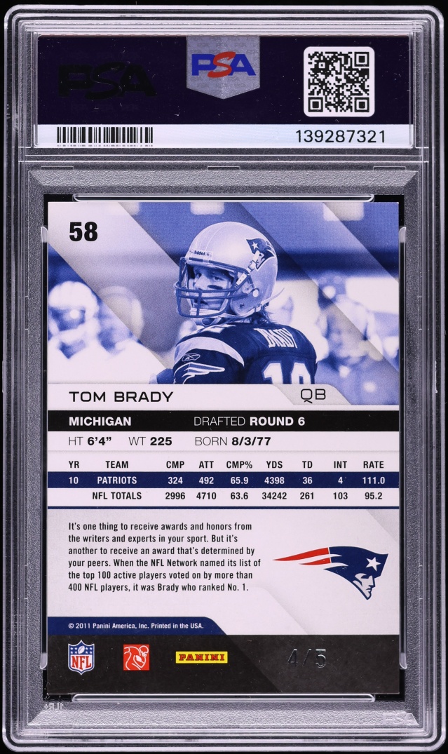 2011 Absolute Memorabilia Spectrum Platinum Tom Brady /5 #58 PSA 8 NM-MT