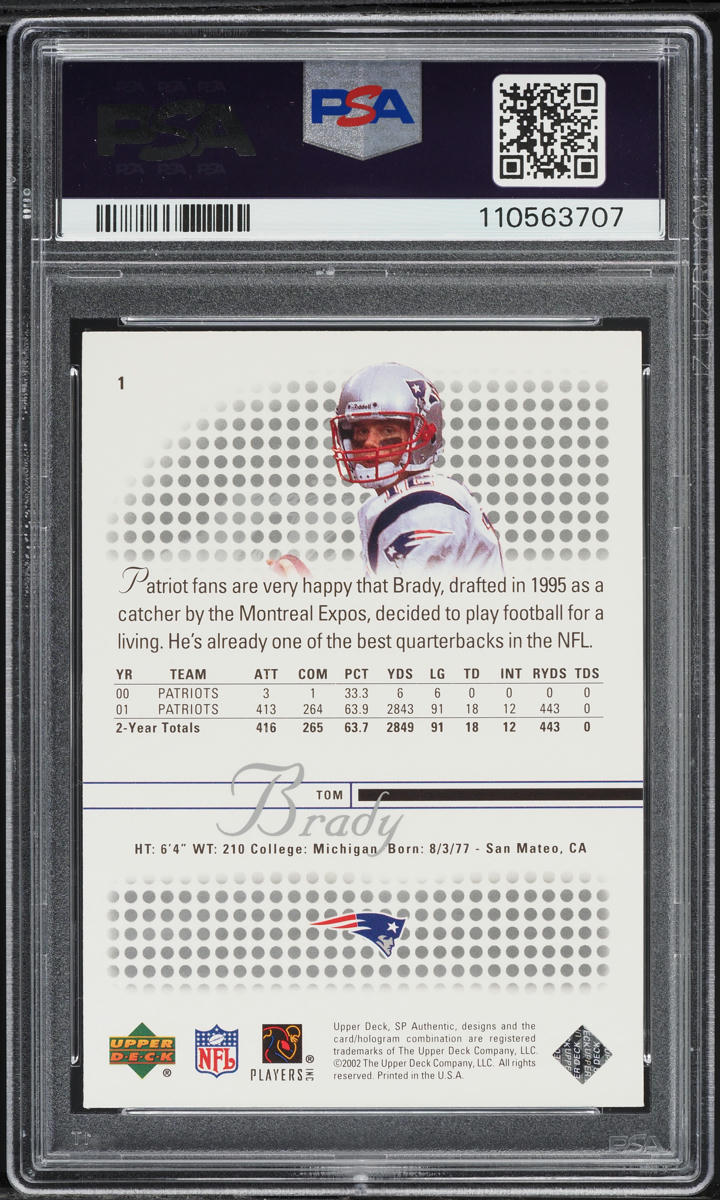 2002 SP Authentic Tom Brady #1 PSA 8 NM-MT