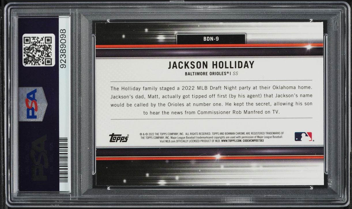 2022 Bowman Chrome Draft Night Jackson Holliday PROSPECT #BDN-9 PSA 10 GEM MINT