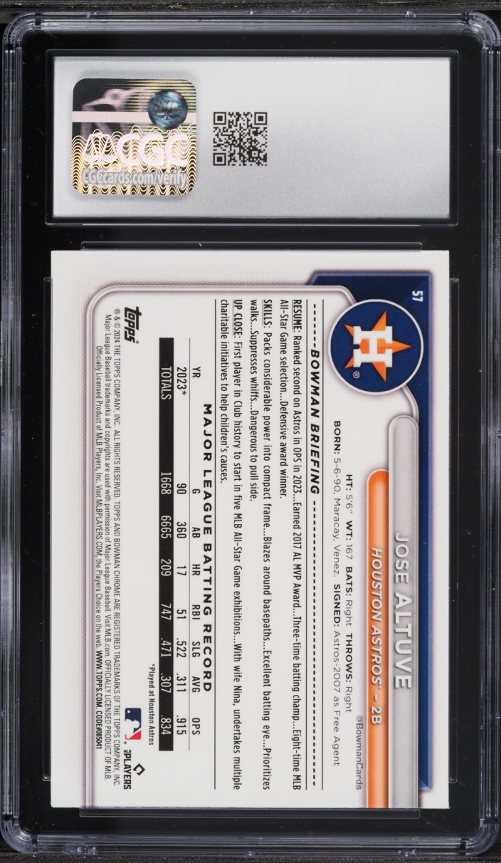 2024 Bowman Chrome Sapphire Yellow Jose Altuve /75 #57 CGC 9.5 MINT+