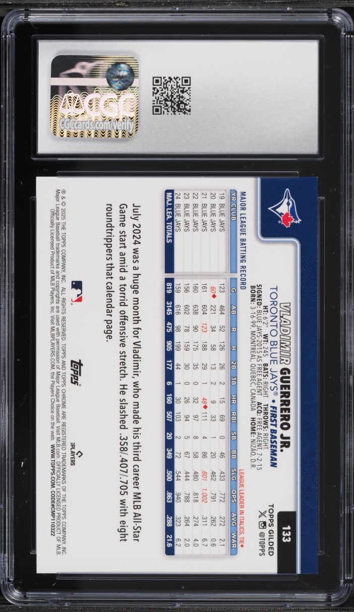 2025 Topps Chrome Gilded Collection Gold Mini-Diamond Ref. Vladimir Guerrero Jr. /50 CGC 10