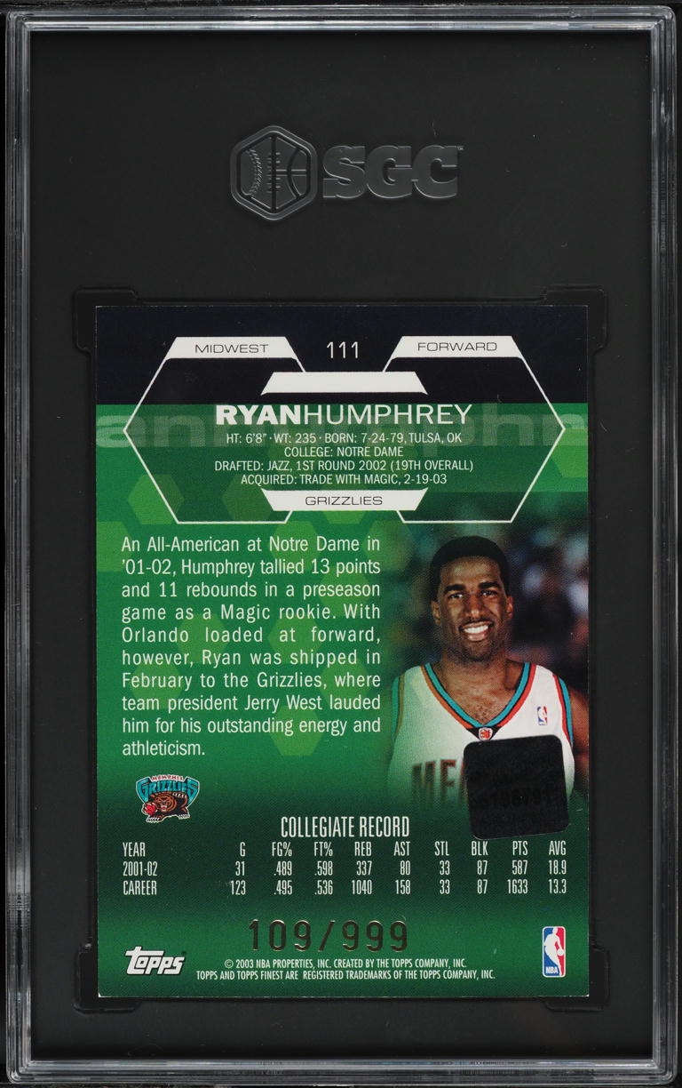 2002 Finest Basketball Ryan Humphrey ROOKIE AUTO /999 #111 SGC 9 MINT