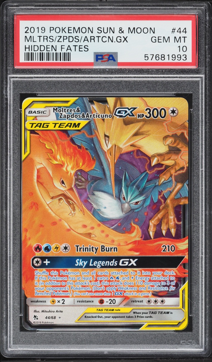 2019 Pokemon Sun & Moon Hidden Fates Moltres & Zapdos & Articuno GX #44 PSA 10 GEM MINT