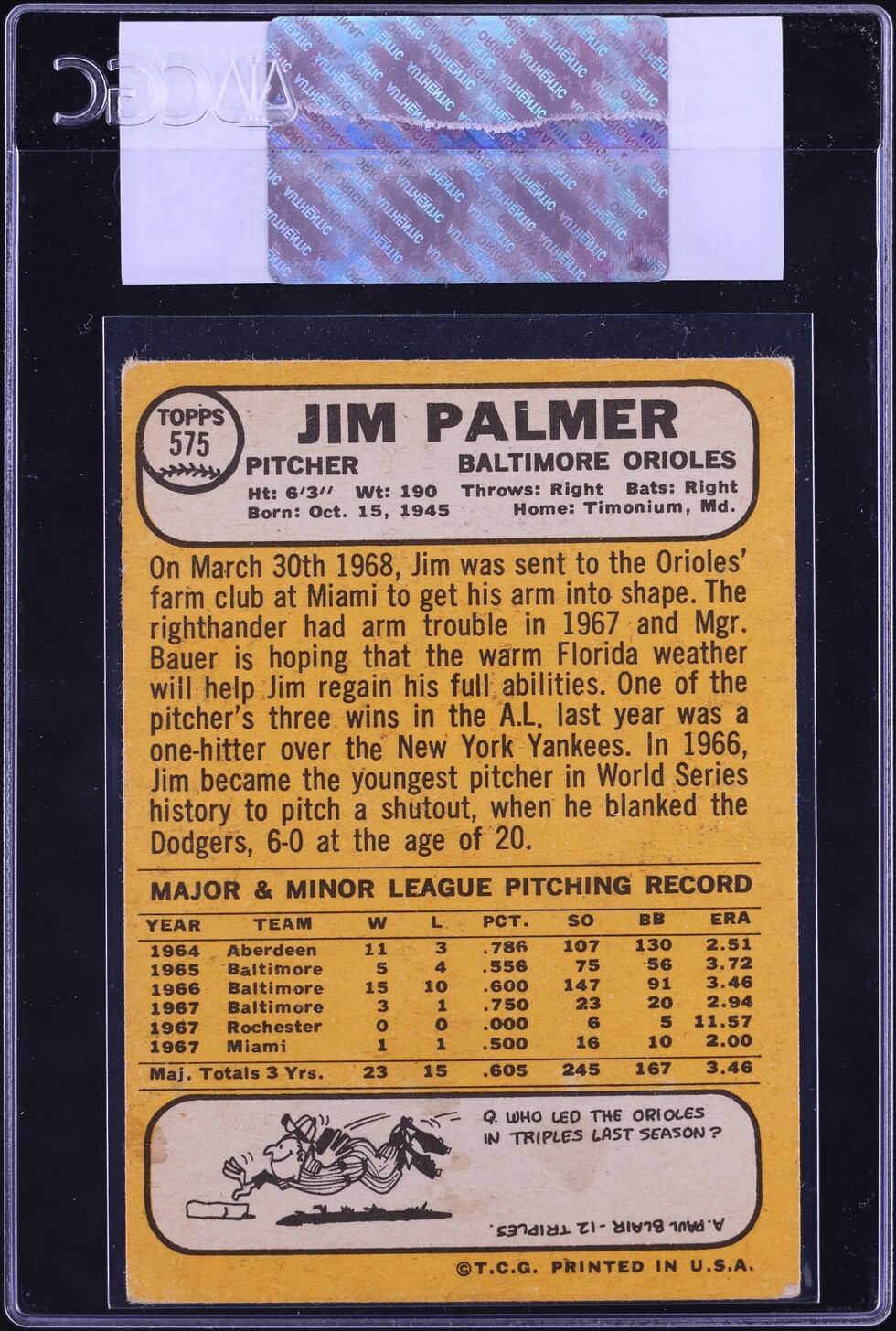 1968 Topps Jim Palmer #575 CGC AUTH