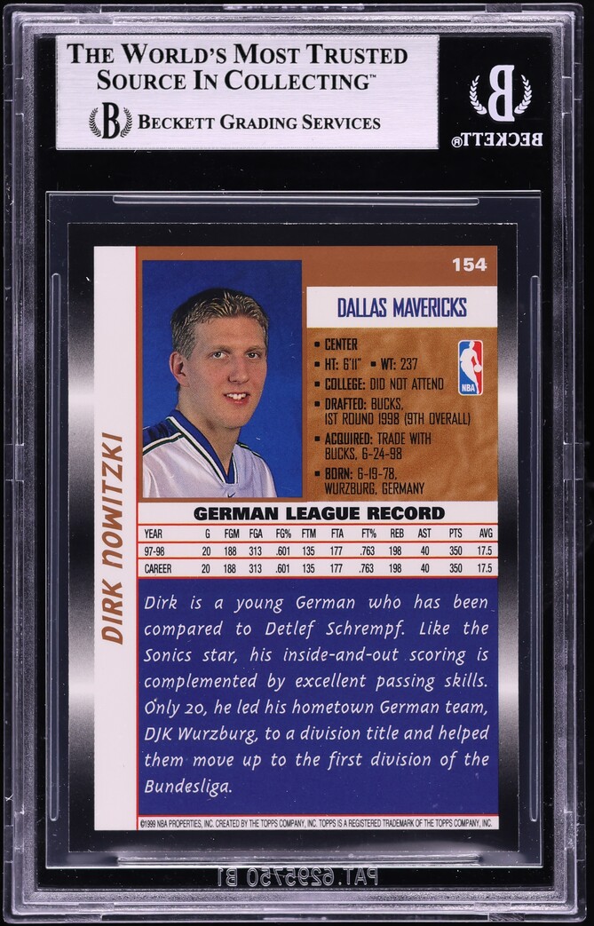 1998 Topps Basketball Dirk Nowitzki ROOKIE #154 BGS 9 MINT