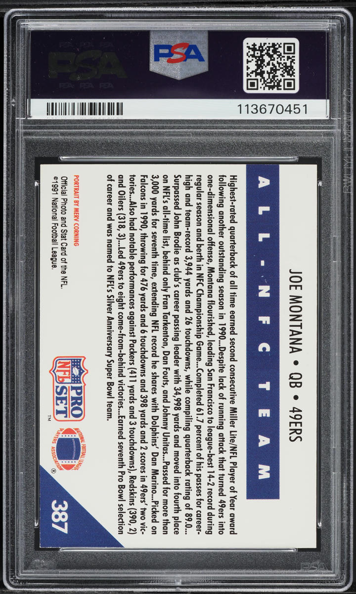 1991 Pro Set Football Joe Montana #387 PSA 8 NM-MT