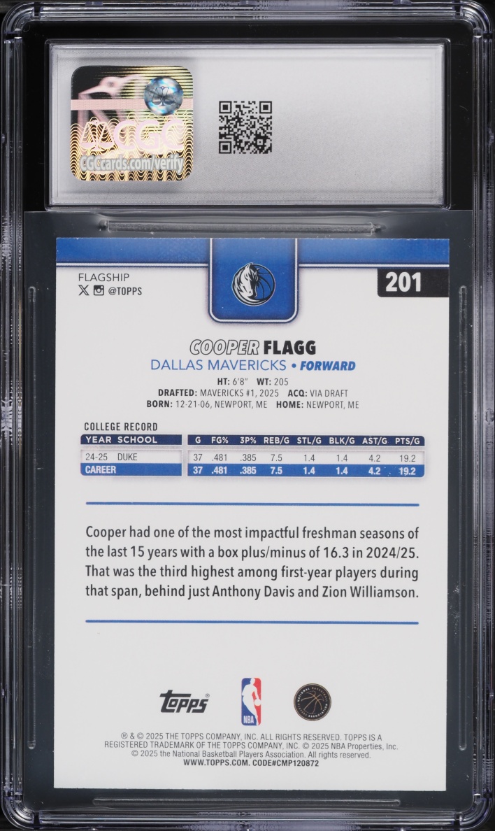 2025 Topps Basketball Cooper Flagg ROOKIE #201 CGC 10 GEM MINT
