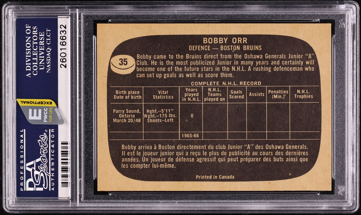 1966 Topps Hockey Bobby Orr ROOKIE #35 PSA 7 NRMT