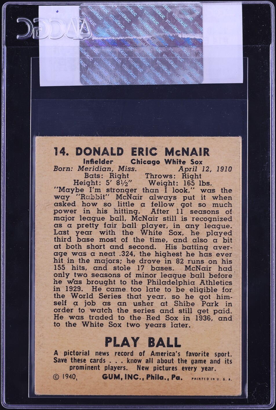 1940 Play Ball Eric McNair #14 CGC AUTH