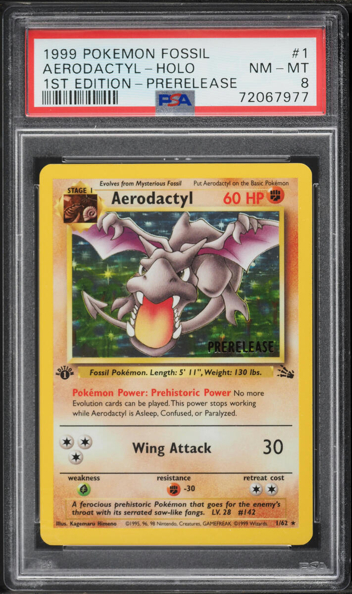 1999 Pokemon Fossil 1st Edition Prerelease Holo Aerodactyl #1 PSA 8 NM-MT
