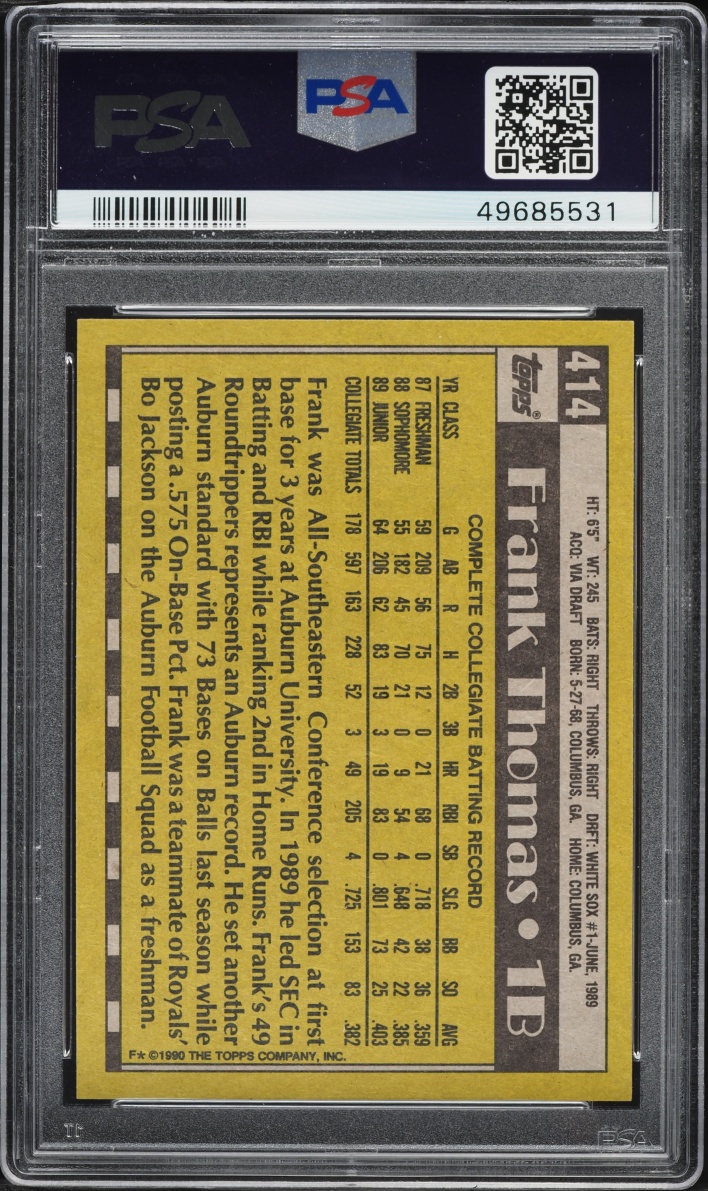 1990 Topps Name On Front Frank Thomas ROOKIE #414 PSA 8 NM-MT