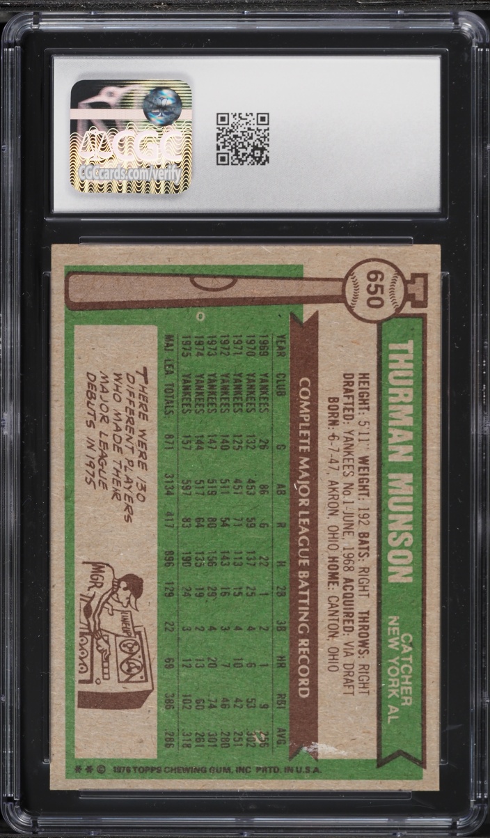 1976 Topps Thurman Munson ALL STAR #650 CGC 7 NRMT