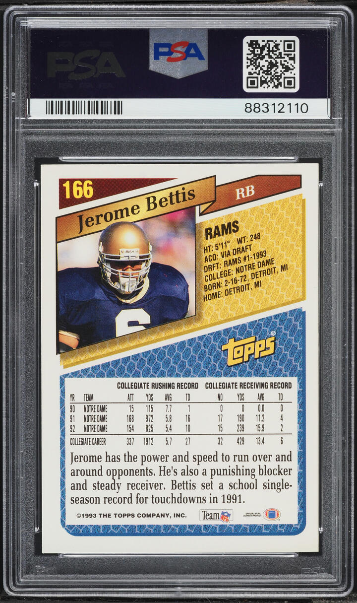 1993 Topps Gold Jerome Bettis ROOKIE #166 PSA 8 NM-MT