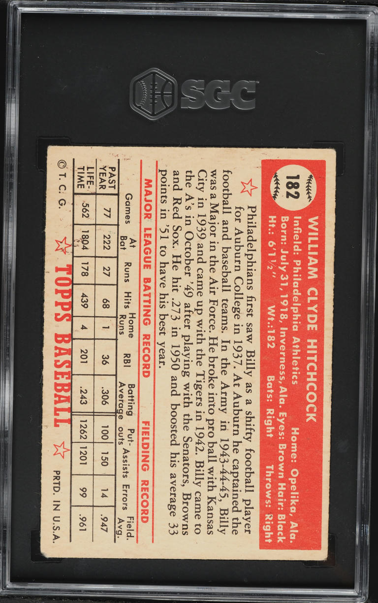 1952 Topps Billy Hitchcock #182 SGC 5 EX
