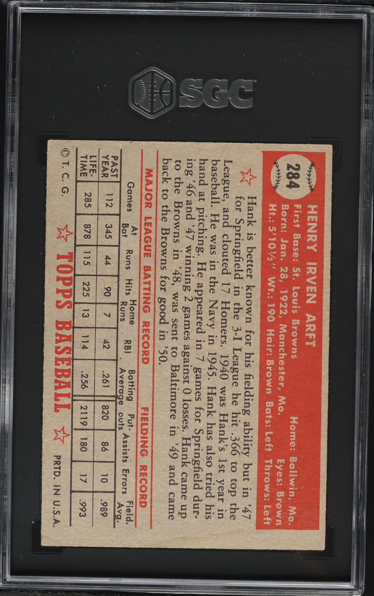 1952 Topps Hank Arft #284 SGC 3 VG